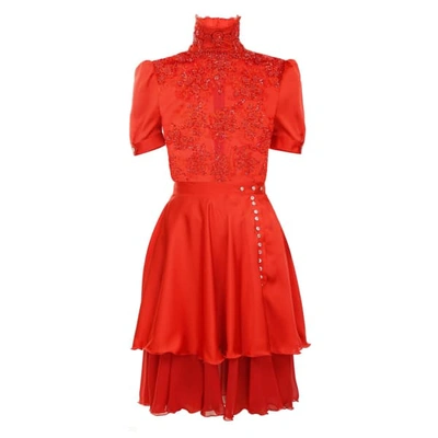 Jiri Kalfar Red Blouse With Short Sleeves & Red Silk Layered Skirt