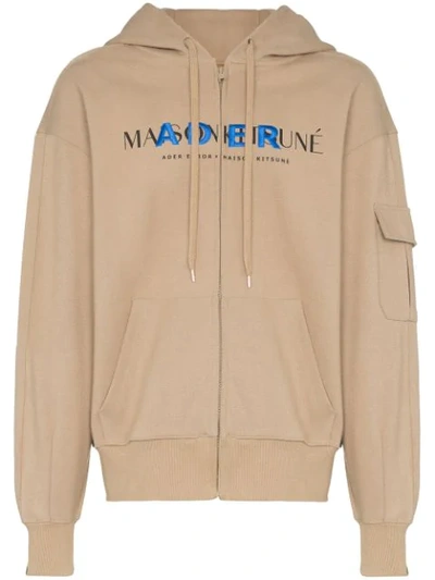Maison Kitsuné Ader Error Oversized Logo-print Cotton-blend Jersey Zip-up Hoodie In Neutrals