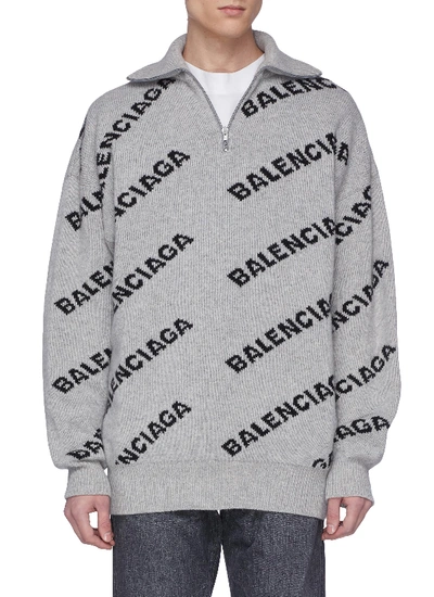 Balenciaga Logo Intarsia Half-zip Sweater In Grey | ModeSens