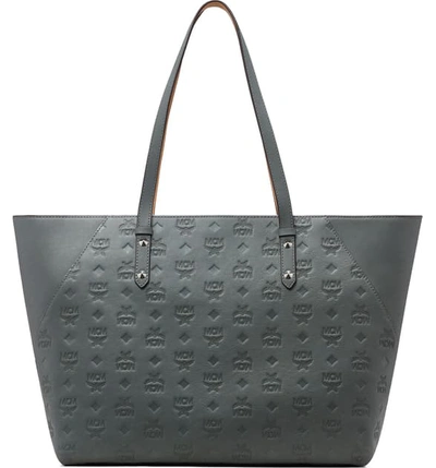 Mcm Klara Monogrammed Leather Shopper Tote In Charcoal/silver