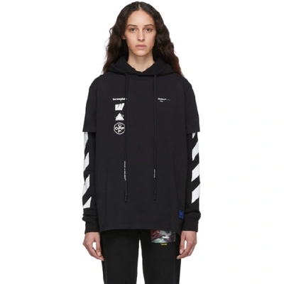 Off-white Black Diag Mariana Double Tee Hoodie In Black/multicolor