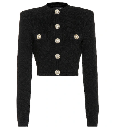 Balmain Cropped Viscose Blend Knit Jacket In Black