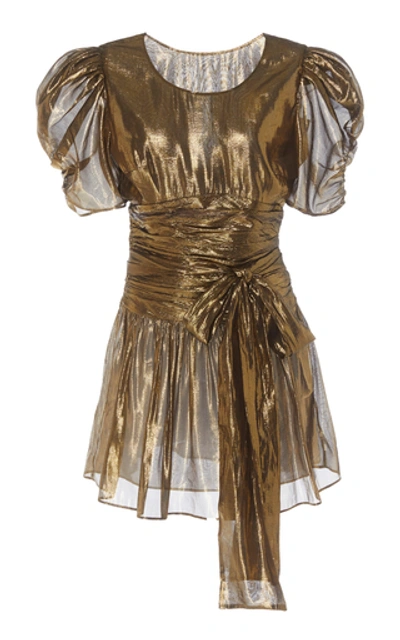 Loveshackfancy Mercy Metallic Puff-sleeve Tie-waist Mini A-line Dress In Gold
