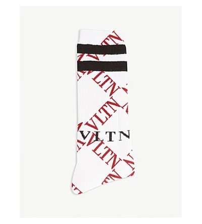 Valentino Mens White And Red Vltn Grid Cotton Socks In White Red