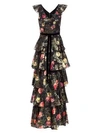 MARCHESA NOTTE Metallic Floral Printed Tiered A-Line Gown