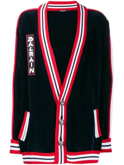 Balmain Men's Oversized Striped-trim Cardigan In Blue