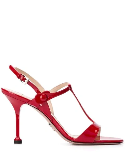 Prada Red 90mm T Bar Button Patent Leather Sandals - 红色 In Red