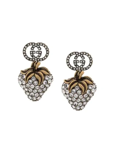 Gucci Gold-tone Crystal Strawberry Drop Earrings In Silver ,gold
