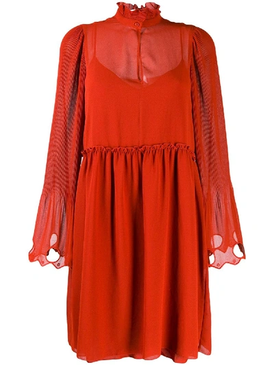 See By Chloé Broderie Anglaise-trimmed Plissé-paneled Georgette Dress In Red