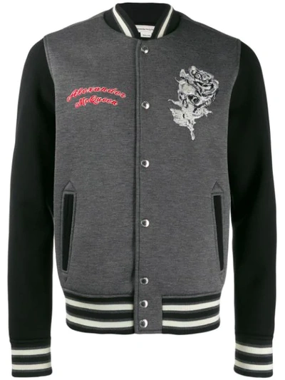 Alexander Mcqueen Floral Skull Embroidered Bomber Jacket In Grey,black