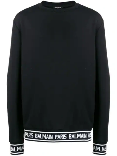 Balmain Jacquard Logo-trim Cotton Sweatshirt In Black