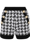 BALMAIN BUTTON-EMBELLISHED HOUNDSTOOTH BOUCLÉ-TWEED SHORTS