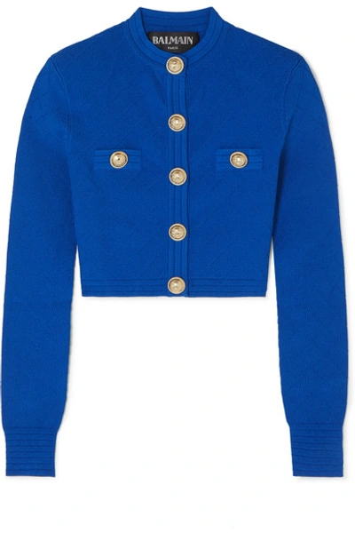 Balmain Button-embellished Jacquard-knit Cardigan In Cobalt Blue