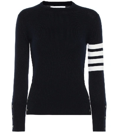 Thom Browne Crewneck Wool Sweater With Signature Stripes In Blue