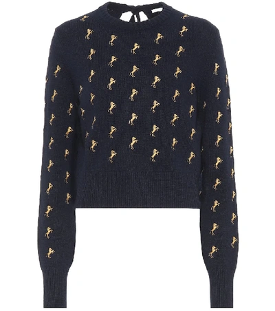 Chloé Embroidered Wool-blend Sweater In Blue