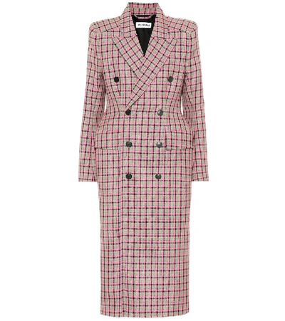 Balenciaga Hourglass Double-breasted Checked Wool Coat In Pink