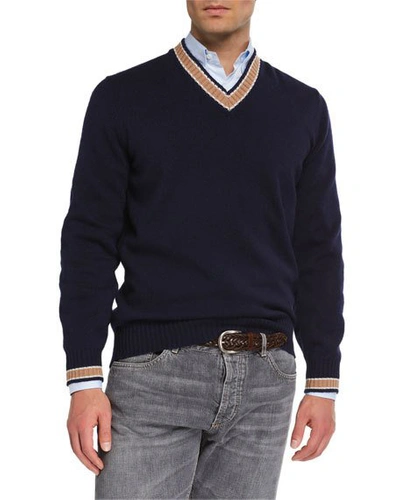 Brunello Cucinelli Men's Cashmere Varsity Sweater In Navy