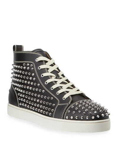 Christian Louboutin Men's Louis Mid-top Spiked Leather Sneakers In Black