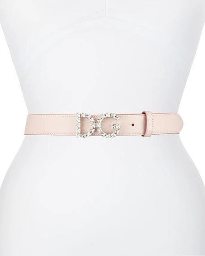Dolce & Gabbana Leather Belt W/ Crystal Logo Buckle In Rosa Tenue