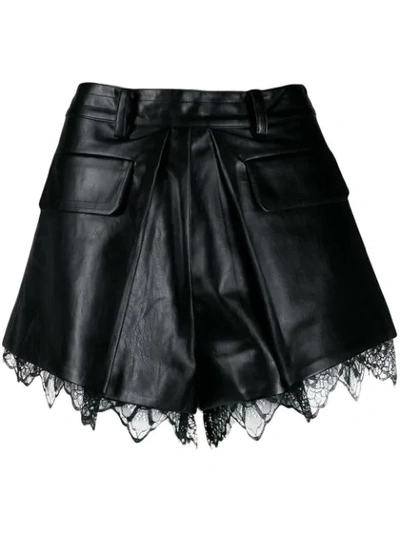 Self-portrait Lace-trimmed Faux Leather Shorts In Black