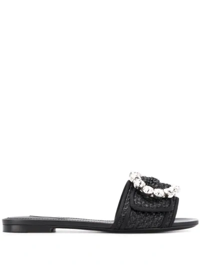 Dolce & Gabbana Black Leather & Viscose Jewel Slider Sandal