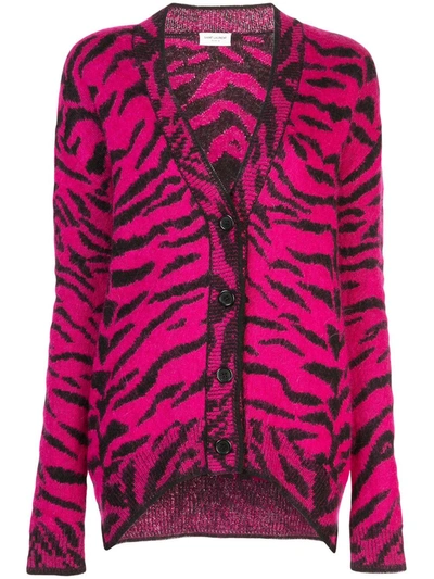 Saint Laurent Zebra-intarsia Wool-blend Cardigan In Fuchsia