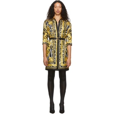 Versace Belted Printed Silk-twill Mini Dress In Black