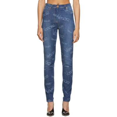 Versace All-over Logo Print Skinny Jeans In A8806 Denim