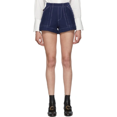 Chloé Contrast-topstitching Cotton-twill Shorts In Blue