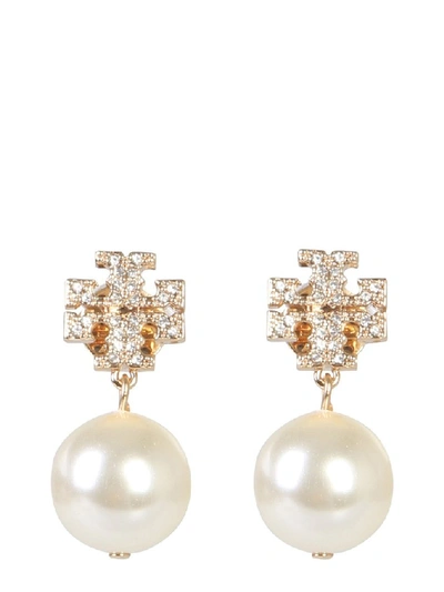 Tory Burch Crystal Logo And Pendant Pearl Earrings In Gold