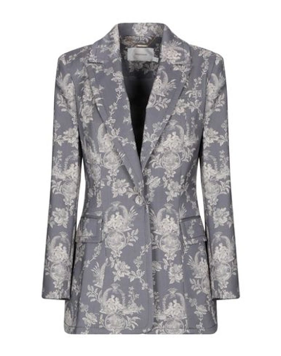 Zimmermann Fleeting Floral-print Wool-blend Twill Blazer In Gray