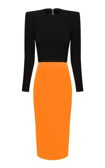 Alex Perry Darley-long Sleeve Crepe Two-tone Midi Dress In Orange