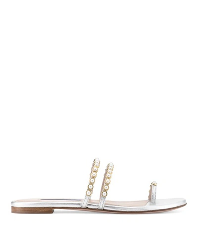 Stuart Weitzman The Petrina Slide In Silver Metallic Caviar Leather