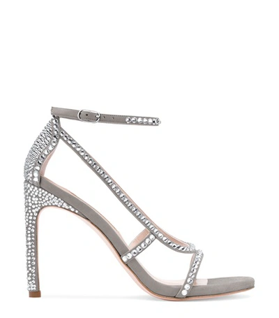 Stuart Weitzman The Mirage 105 In Perla Light Gray Suede And Crystal