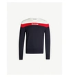 MONCLER LOGO-PATCHED STRIPED WOOL JUMPER