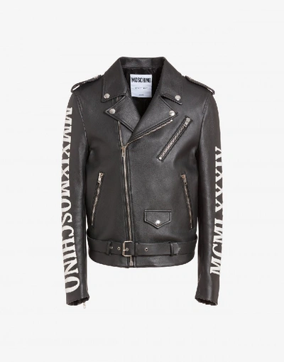 Moschino Logo Leather Biker Jacket In Black