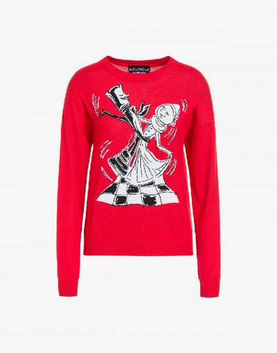 Boutique Moschino Chess Dancers Extrafine Merino Wool Sweater In Red