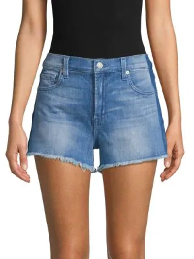 7 For All Mankind High-rise Frayed Cuff Jeans Shorts In Blue Nova