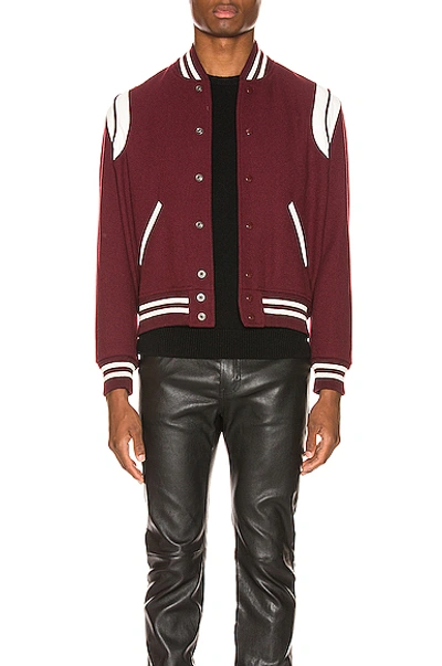 Saint Laurent Burgundy Wool Teddy Bomber Jacket In Bordeaux
