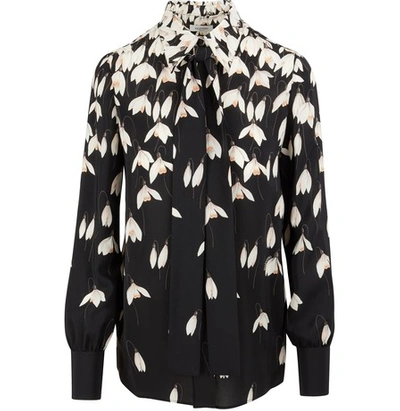 Valentino Pussy-bow Floral-print Silk Crepe De Chine Blouse In Black