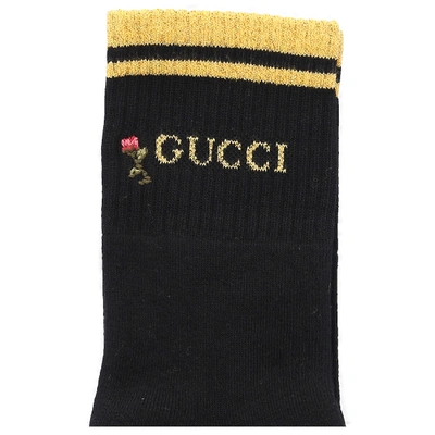 Gucci Damen Socken Socks Shiny Pong Baumwolle Lamé Stickerei Logo Schwarz Gelb In Gelb,schwarz