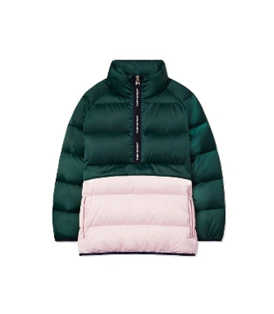 Tory Sport Packable Performance Satin Down Jacket In Conifer / Cotton Pink