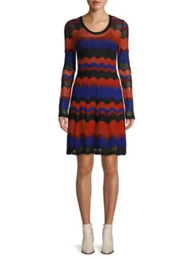 M Missoni Multi-color Wavy Knit Flare Dress In Bluette