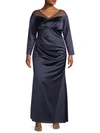 ADRIANNA PAPELL PLUS ILLUSION LONG SLEEVE SATIN GOWN,0400011094532