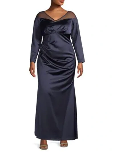 Adrianna Papell Plus Illusion Long Sleeve Satin Gown In Midnight