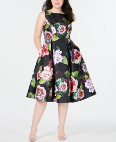 Adrianna Papell Plus Size Tea-length Dress In Black Floral