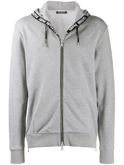 Balmain Logo-jacquard Cotton-blend Hooded Sweatshirt In Grey