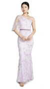 MARCHESA NOTTE ONE SHOULDER EMBROIDERED TULLE MERMAID GOWN