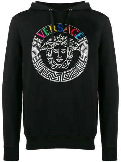 Versace Medusa Head And Rainbow Logo-embroidered Hoodie In Black