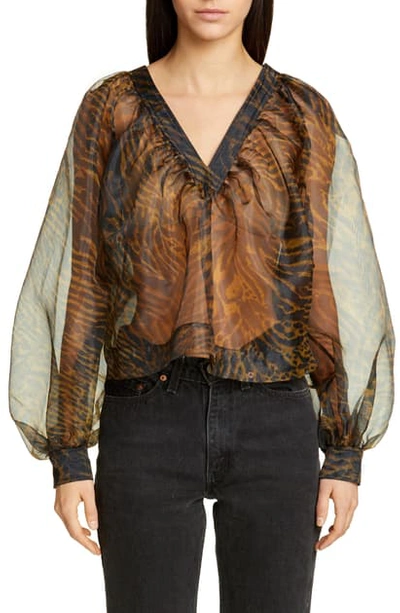 Ganni Tiger Print Sheer Organza Blouse